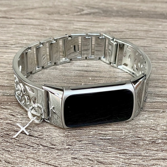 Silver Metal Band Fitbit Charge 5 Bracelet Slim Cross Charm Jewelry Wristband - Picture 2 of 8